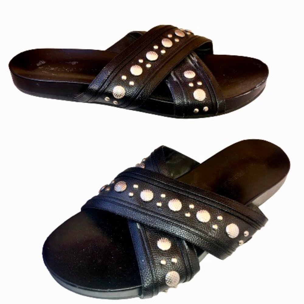 Rebecca Minkoff Flat Slide Sandal Black Faux Leather Style Tori Vegan